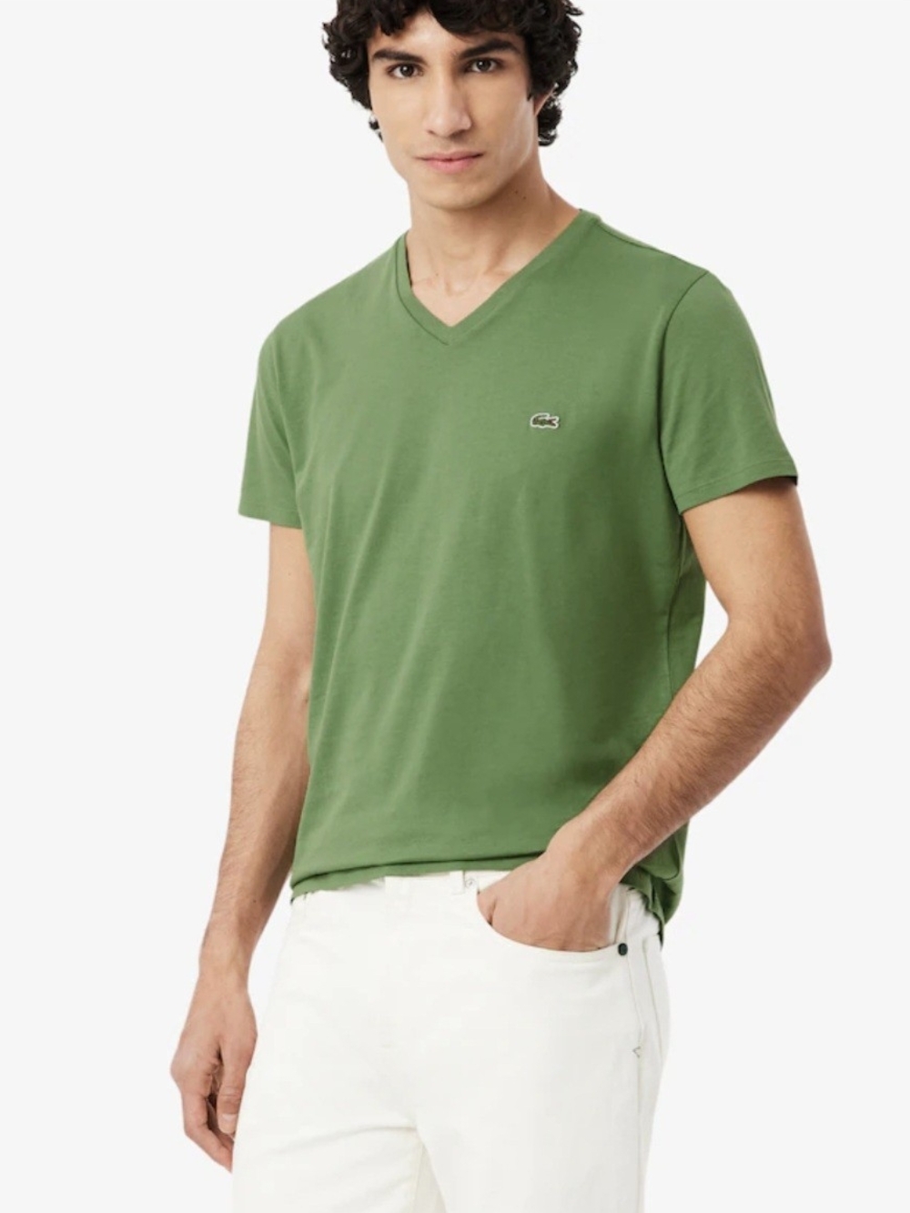 Lacoste Men's V-Neck Short Sleeve Tee in Olive Green S